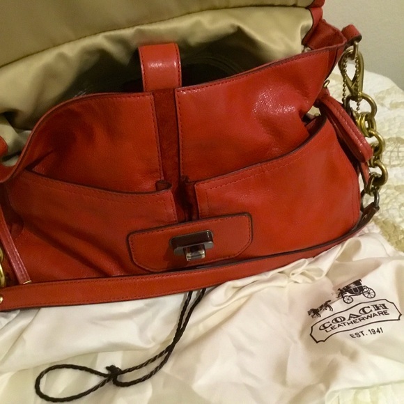 COACH®Flagship Chelsea Dowel Flap genuine leather Large Shoulder bag Orange - Picture 8 of 16